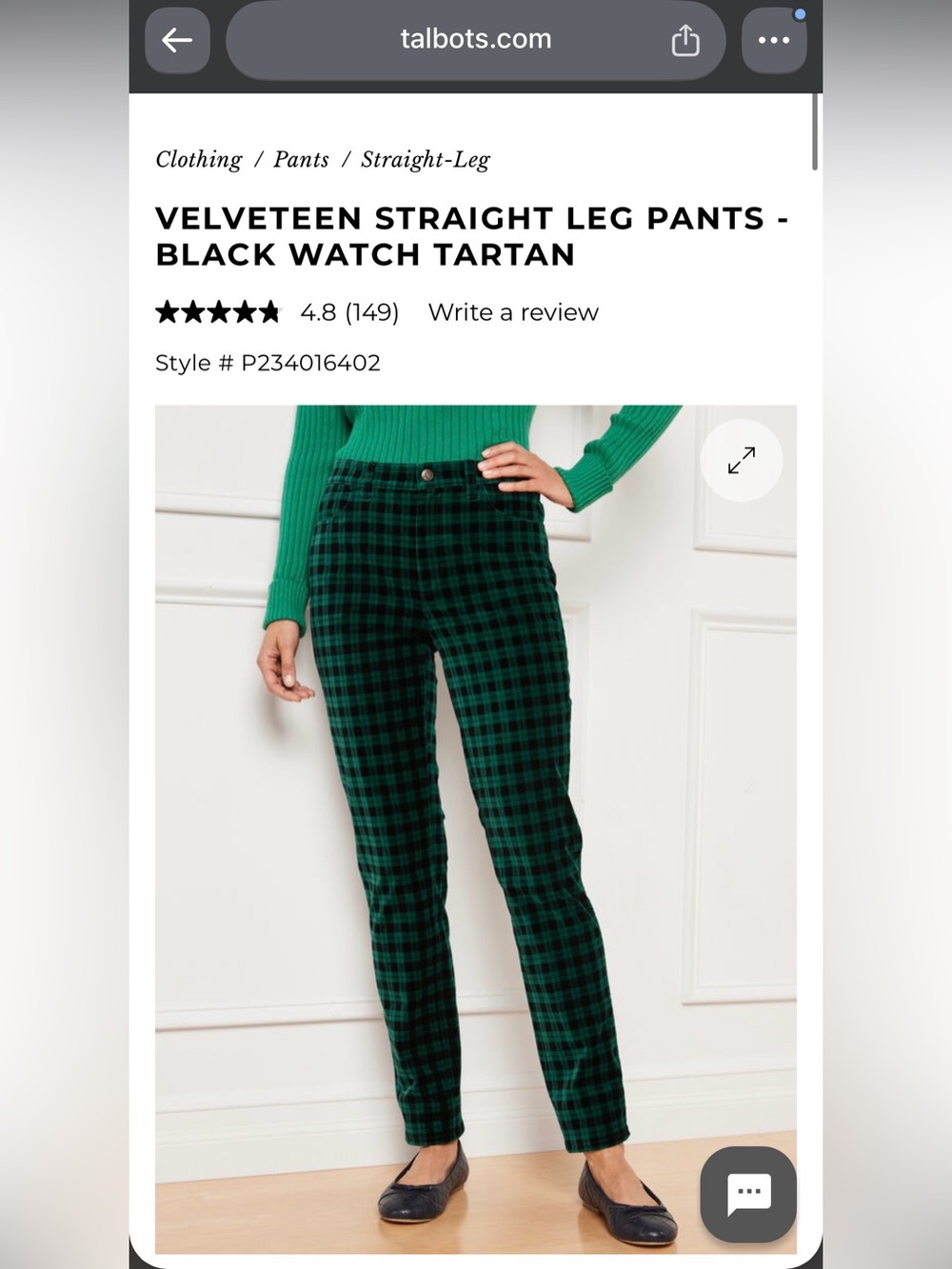 Talbots Green & Black Plaid Velveteen Straight Leg Jeans